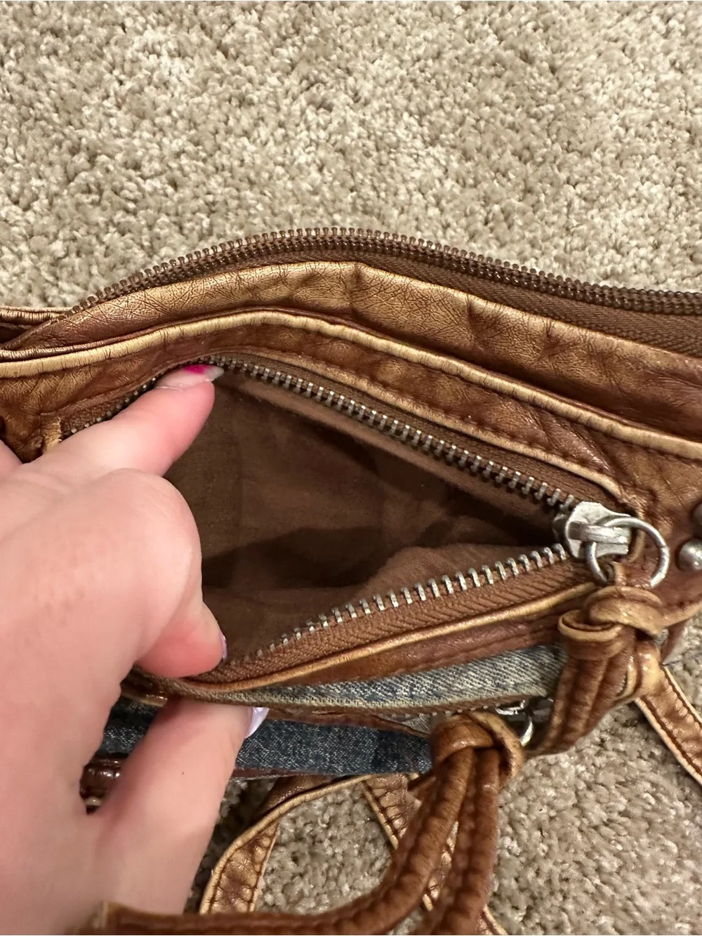 Mudd Denim and Distressed Brown Studded Crossbody Bag